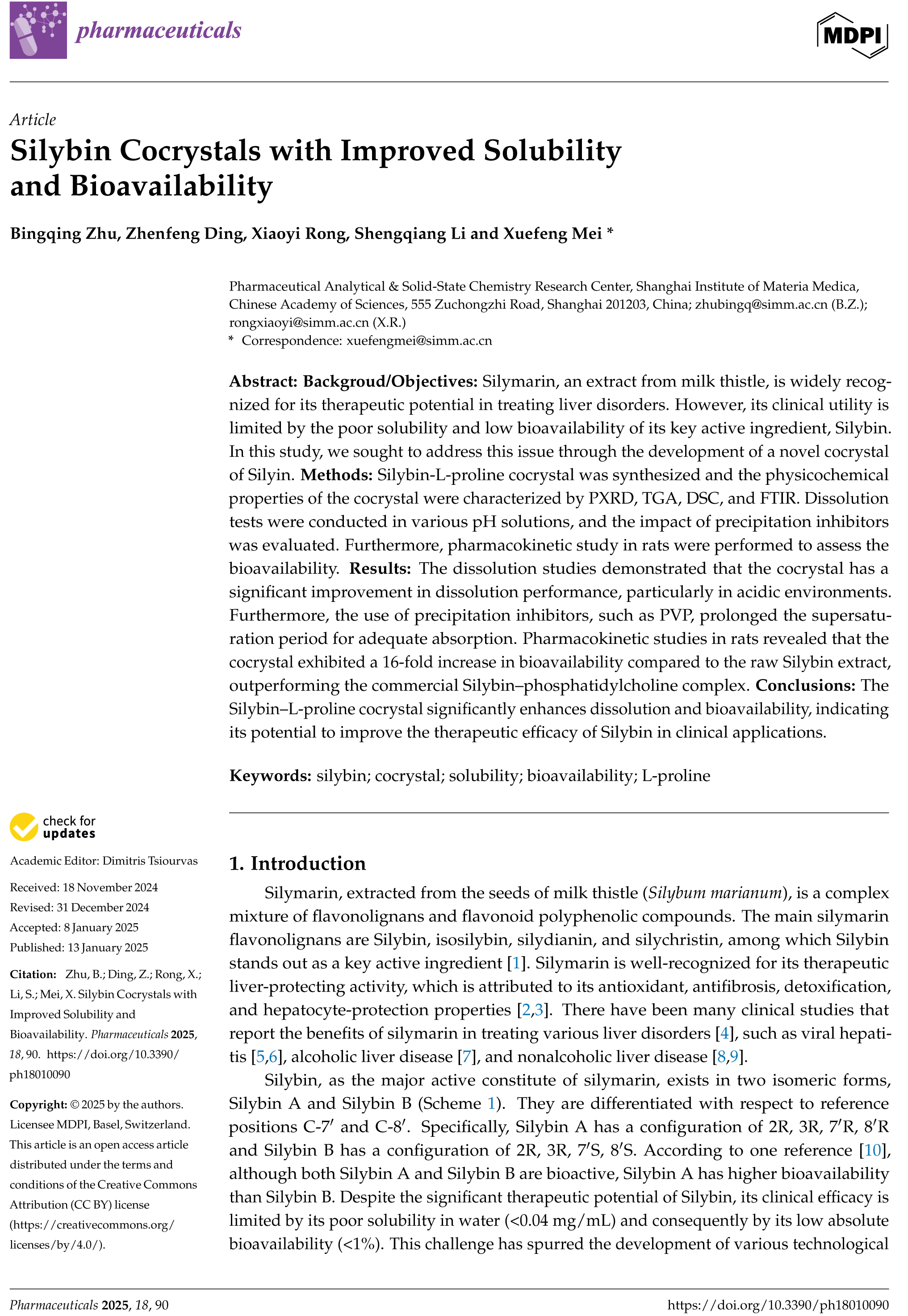 Silybin Cocrystals with Improved Solubility and Bioavailability